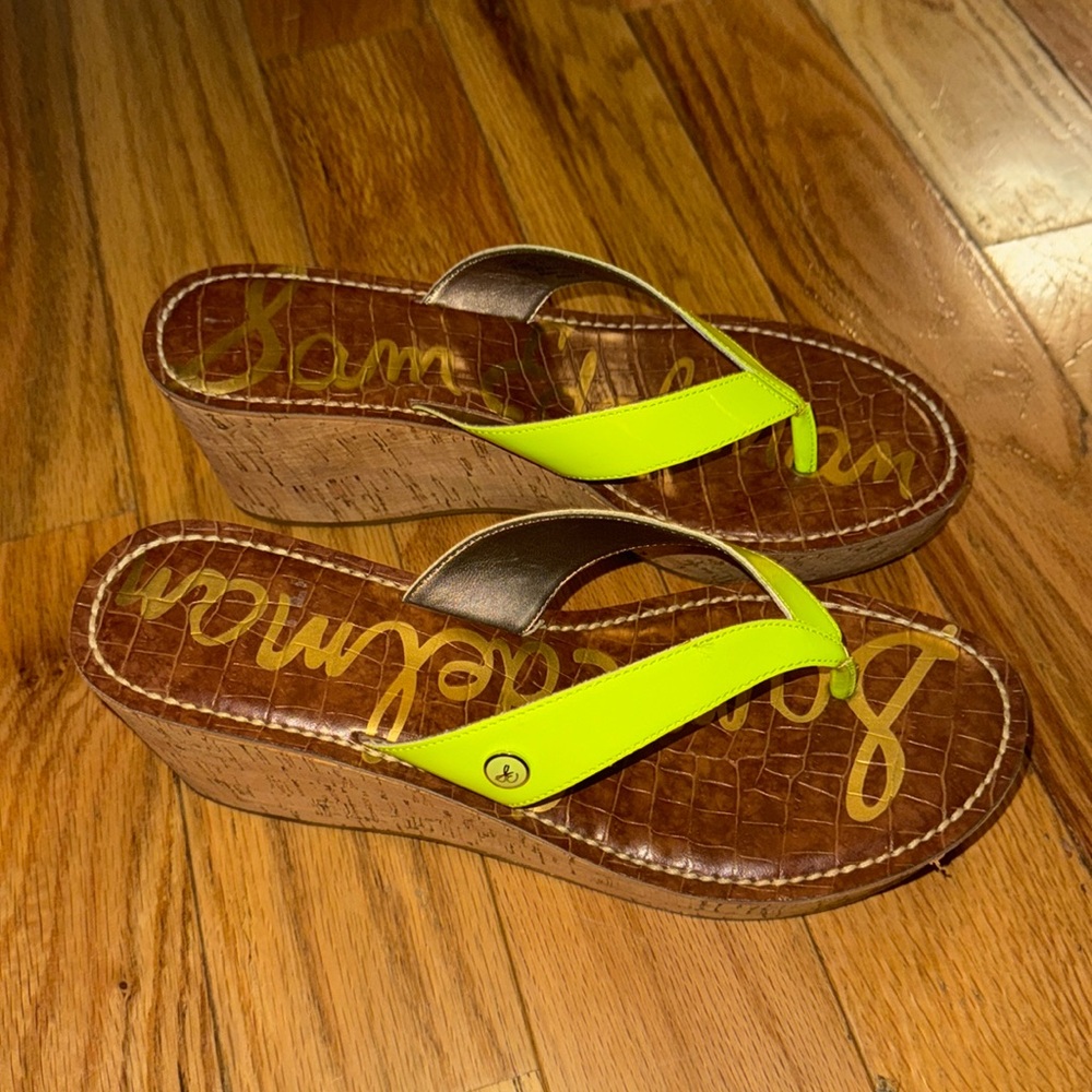 Sam Edelman Romy Wedges size 9.5, neon green, cork wedge